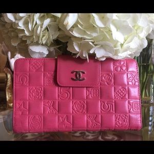 Authentic Chanel Lambskin Pink Charms Long Wallet